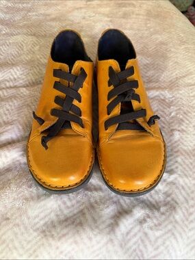 Miz Mooz Leather Lace-Up Flats in Mustard Yellow with Black Laces